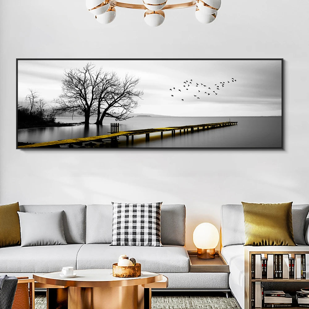 Tranquil Lake Pier Wide Format Wall Art Fine Canvas Prints Black White Pictures Of Calm For Above The Sofa Picture For Above The Bed