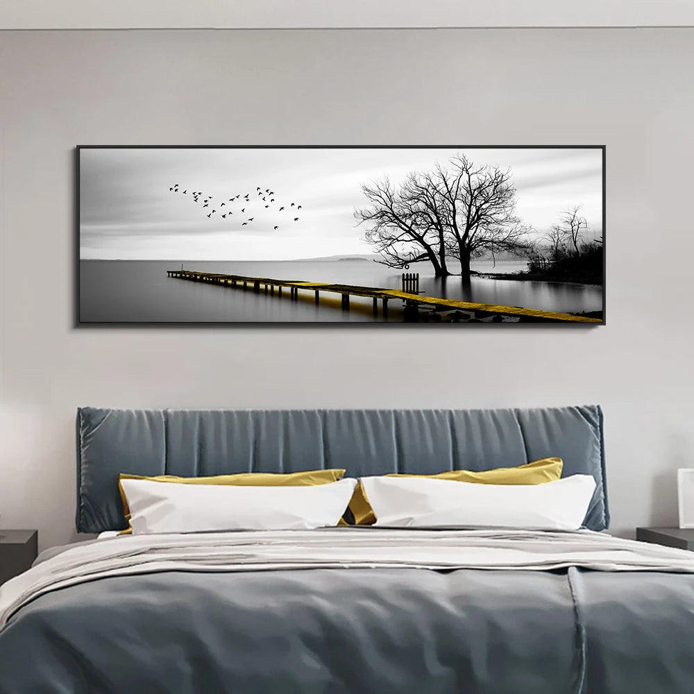 Tranquil Lake Pier Wide Format Wall Art Fine Canvas Prints Black White Pictures Of Calm For Above The Sofa Picture For Above The Bed