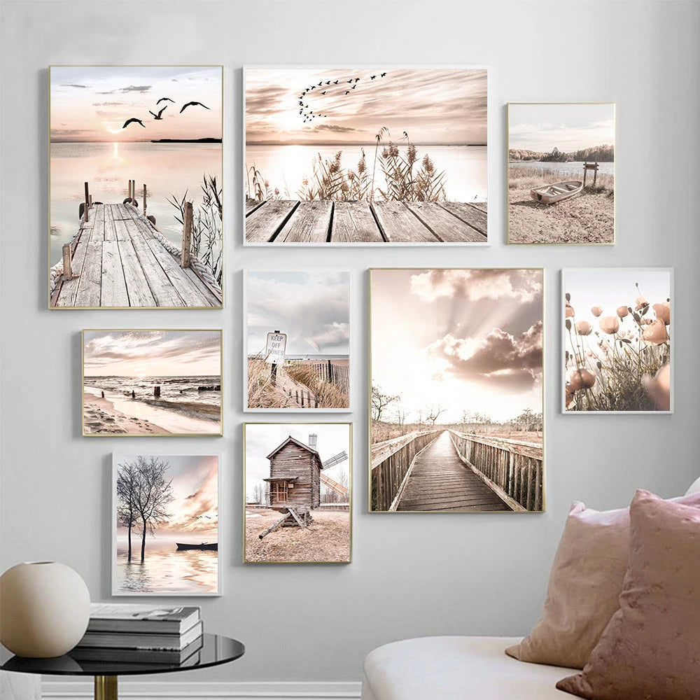 Tranquil Sea Sunset Landscape Wall Art Fine Art Canvas Prints Gallery Wall Art Lake Pier Pictures Of Calm For Living Room Inspirational Home Decor