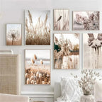 Wall art collection featuring nature-themed prints in a living room setting.