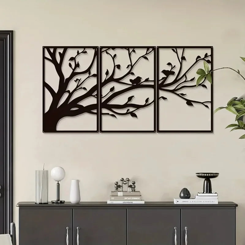 Tree Of Life Iron Art Wall Art 3D Metal Sculptured Birds On Branches Wall Decoration For Living Room Dining Room Creative Contemporary Nordic Home Decor - Set of 3Pcs