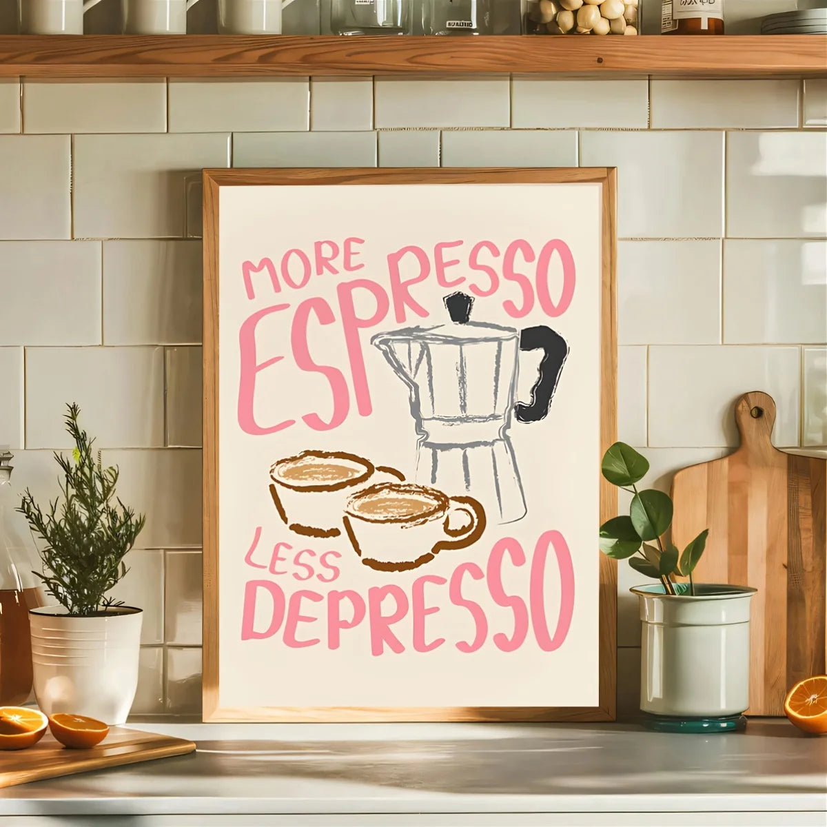 Framed poster with 'More Espresso Less Depresso' text and coffee-themed design on a kitchen counter.