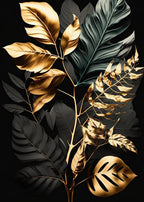 Decorative arrangement of gold and black leaves on a dark background