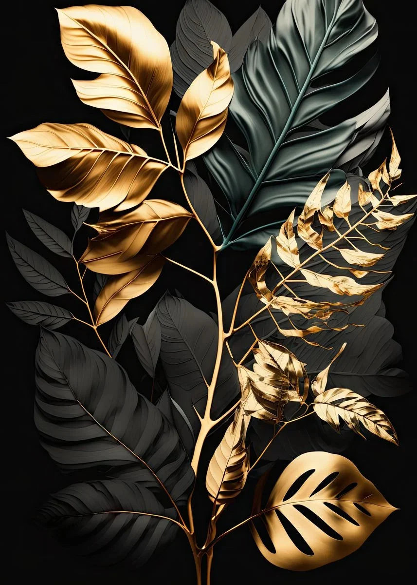 Decorative arrangement of gold and black leaves on a dark background