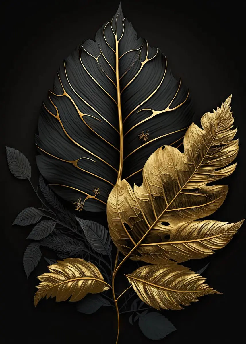 Decorative leaves with gold and black design on a dark background