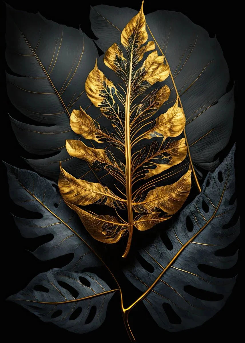 Gold leaf design on dark leaves with a black background