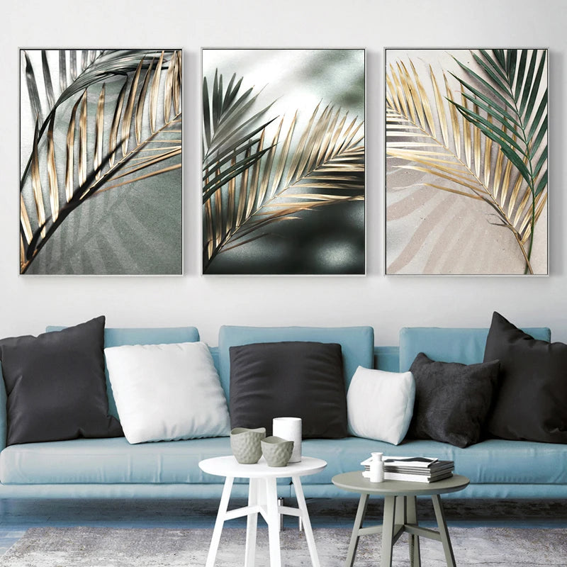Tropical Green Golden Palm Leaves Wall Art Fine Art Canvas Prints Modern Botany Posters Pictures For Living Room Dining Room Decor