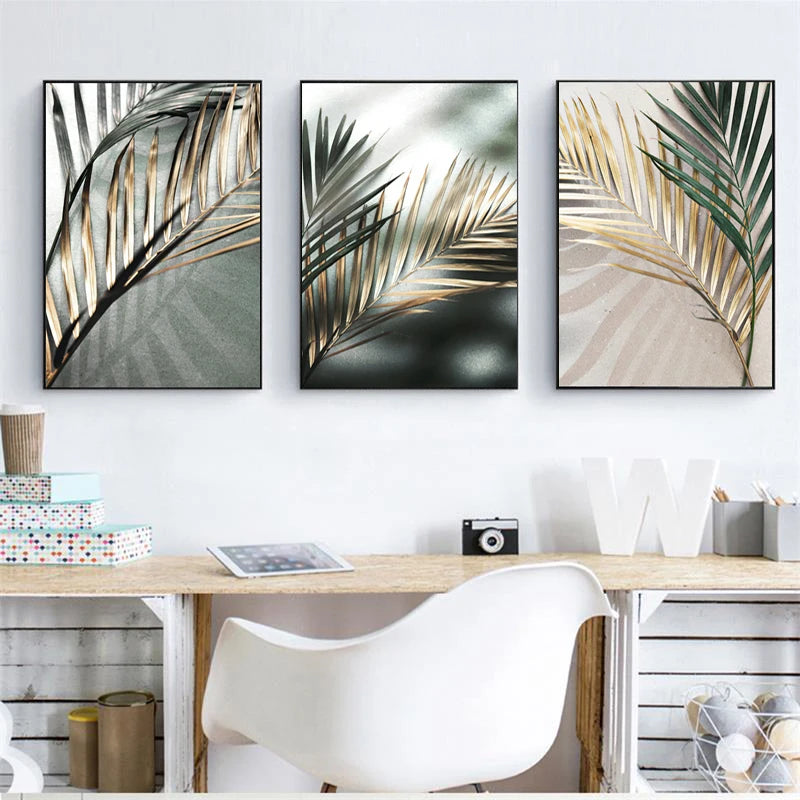 Tropical Green Golden Palm Leaves Wall Art Fine Art Canvas Prints Modern Botany Posters Pictures For Living Room Dining Room Decor