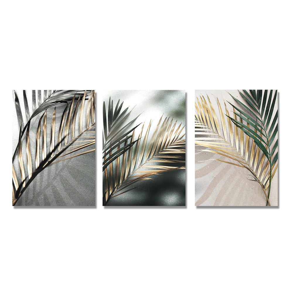 Tropical Green Golden Palm Leaves Wall Art Fine Art Canvas Prints Modern Botany Posters Pictures For Living Room Dining Room Decor