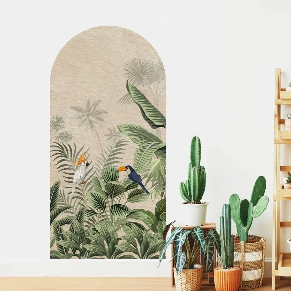 Tropical Toucan Foliage Green Leaves Wall Mural – Vintage Floral Arch Vinyl Wall Decal for Living Room Creative DIY Home Decor (180×90cm)