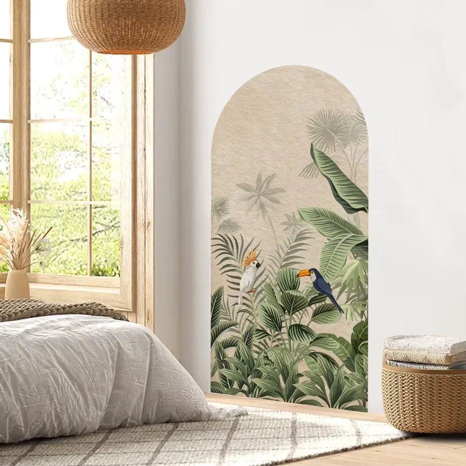 Tropical Toucan Foliage Green Leaves Wall Mural – Vintage Floral Arch Vinyl Wall Decal for Living Room Creative DIY Home Decor (180×90cm)