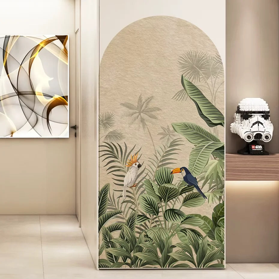 Tropical Toucan Foliage Green Leaves Wall Mural – Vintage Floral Arch Vinyl Wall Decal for Living Room Creative DIY Home Decor (180×90cm)