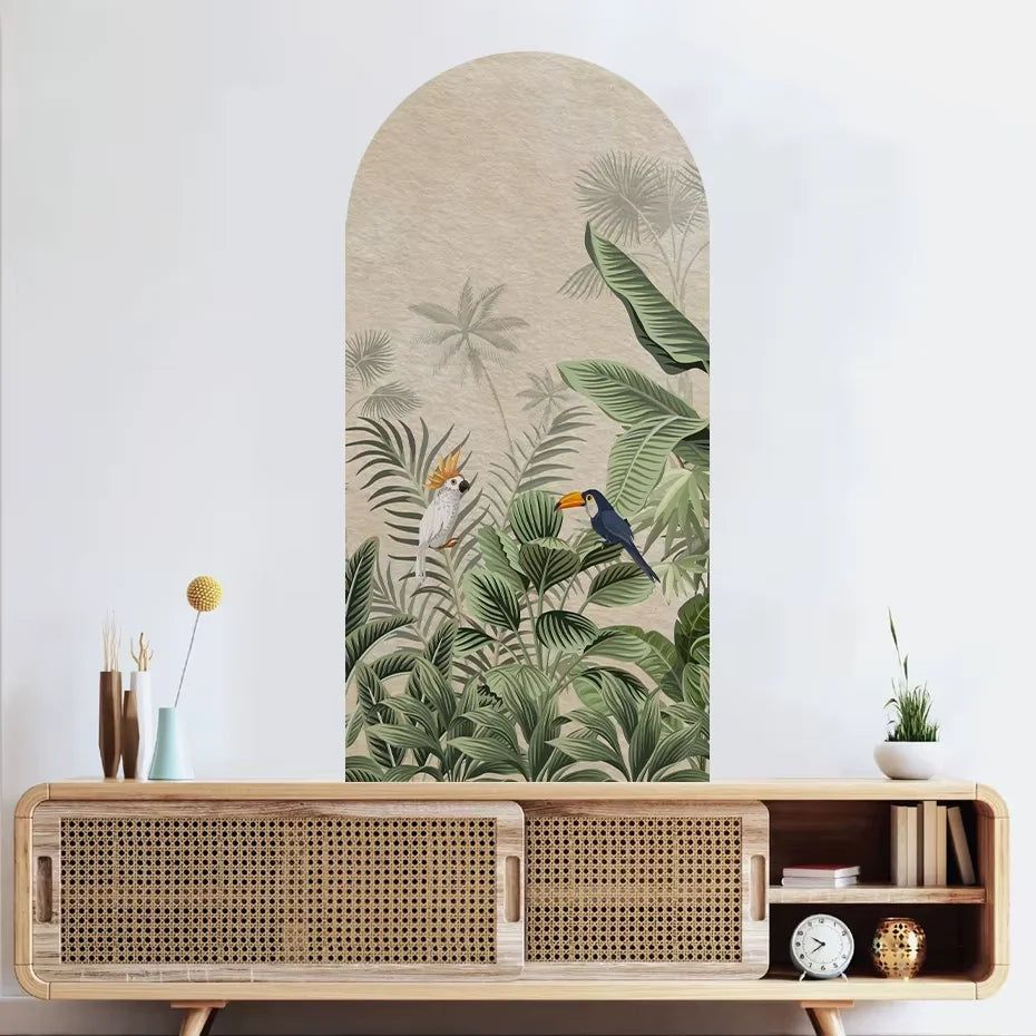 Tropical Toucan Foliage Green Leaves Wall Mural – Vintage Floral Arch Vinyl Wall Decal for Living Room Creative DIY Home Decor (180×90cm)