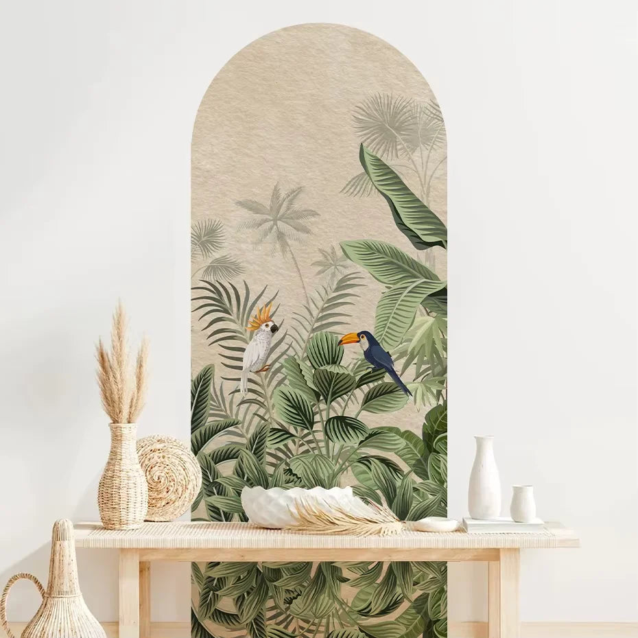 Tropical Toucan Foliage Green Leaves Wall Mural – Vintage Floral Arch Vinyl Wall Decal for Living Room Creative DIY Home Decor (180×90cm)