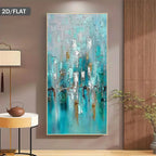 Abstract canvas wall art with vertical brushstrokes in turquoise, teal, white, gray, and gold, displayed in a modern interior setting with a side table, lamp, and wood paneling.