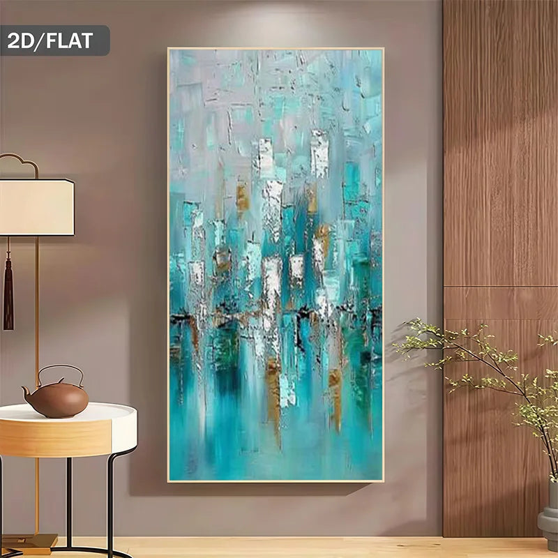 Abstract canvas wall art with vertical brushstrokes in turquoise, teal, white, gray, and gold, displayed in a modern interior setting with a side table, lamp, and wood paneling.