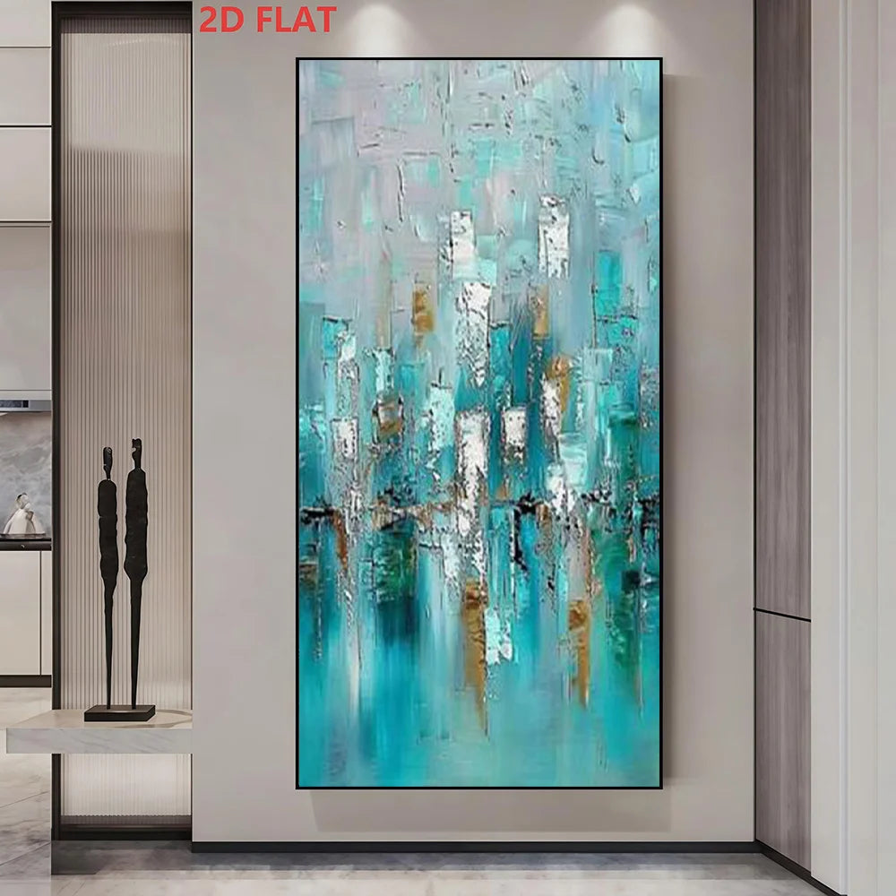 A large vertical abstract canvas painting with textured turquoise, teal, white, gray, and gold brushstrokes, displayed on a wall in a modern interior setting. Red text at the top reads '2D FLAT'.