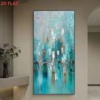 A large vertical abstract canvas painting with textured turquoise, teal, white, and gold brushstrokes, displayed on a beige wall in a modern interior setting. Red text in the top-left corner reads '2D FLAT'.