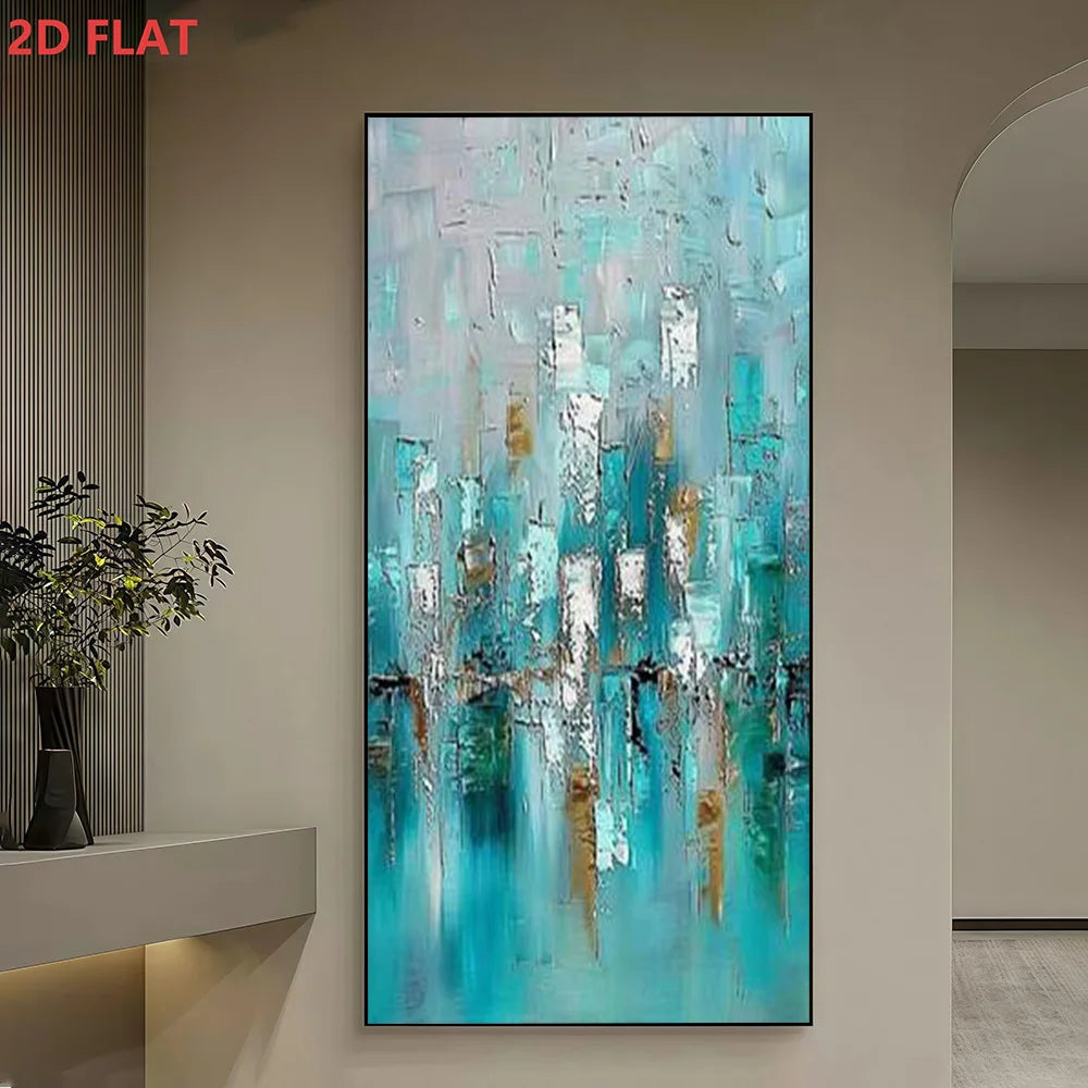 A large vertical abstract canvas painting with textured turquoise, teal, white, and gold brushstrokes, displayed on a beige wall in a modern interior setting. Red text in the top-left corner reads '2D FLAT'.