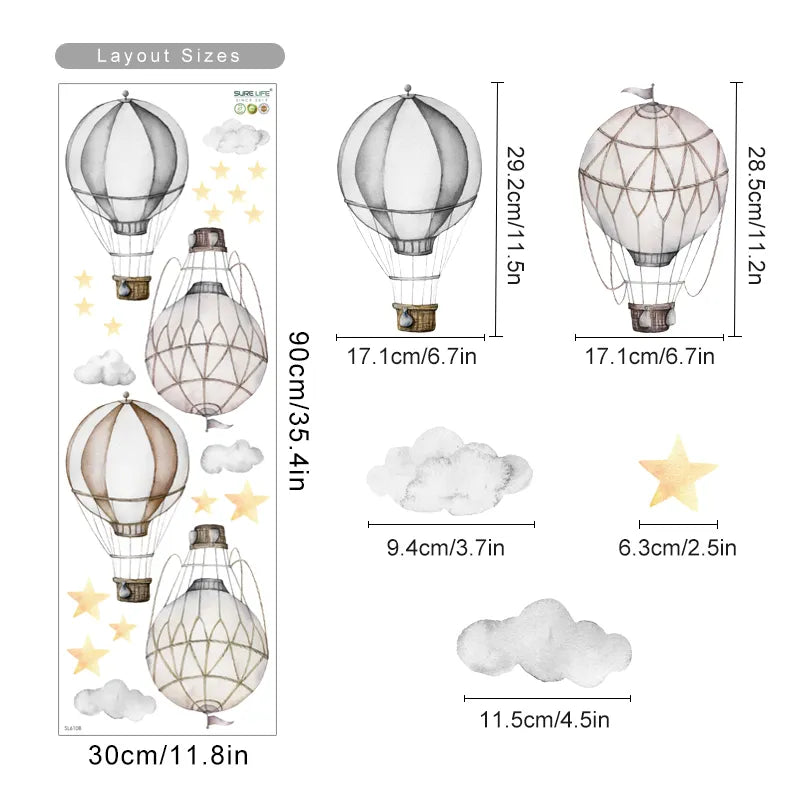 Cute Vintage Hot Air Balloons Wall Sticks For Baby's Room Removable PVC Vinyl Peel & Stick Wall Decals For Creative DIY Children's Bedroom Decor