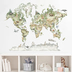 Wildlife Of The World Watercolor Map Wall Sticker For Kid's Playroom Removable PVC Wall Decal Mural For Creative DIY Children's Room Decoration