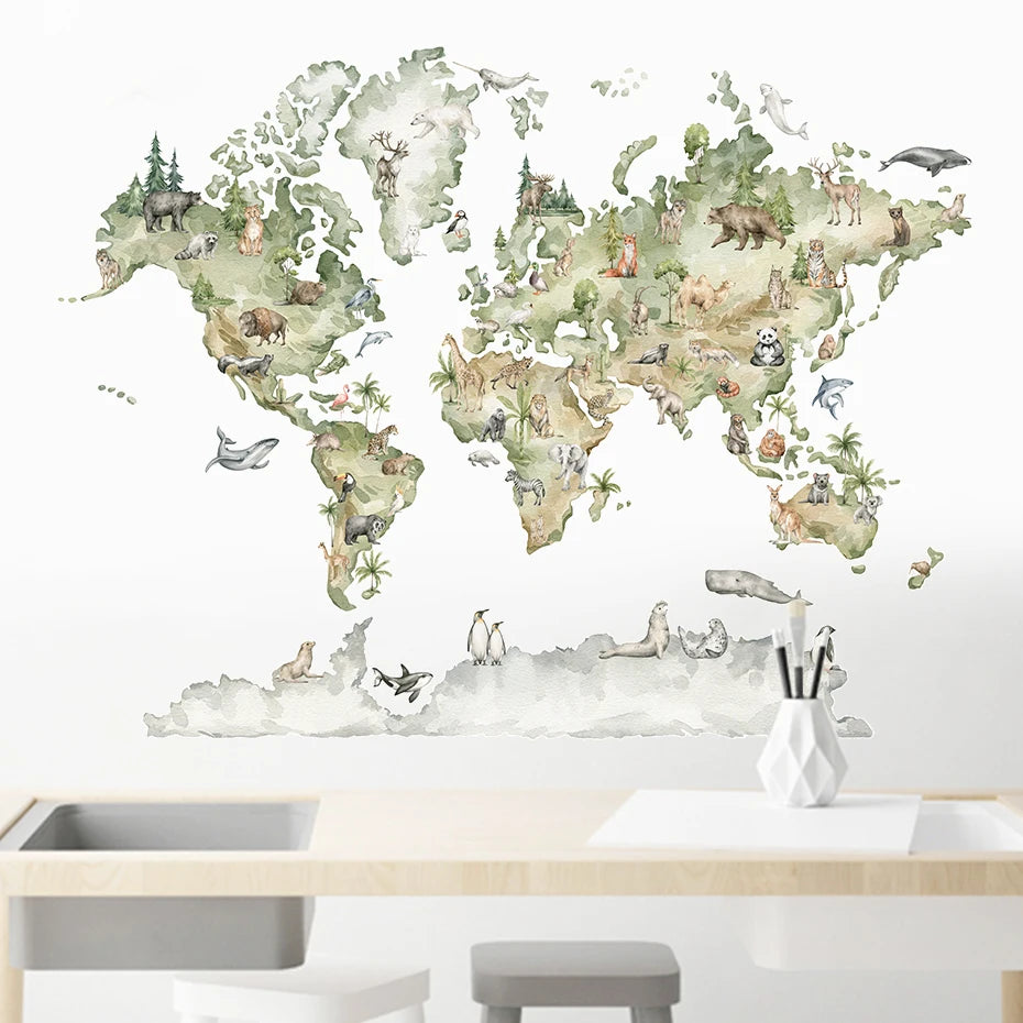 Wildlife Of The World Watercolor Map Wall Sticker For Kid's Playroom Removable PVC Wall Decal Mural For Creative DIY Children's Room Decoration