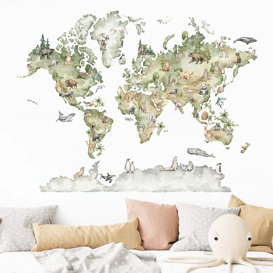 Wildlife Of The World Watercolor Map Wall Sticker For Kid's Playroom Removable PVC Wall Decal Mural For Creative DIY Children's Room Decoration