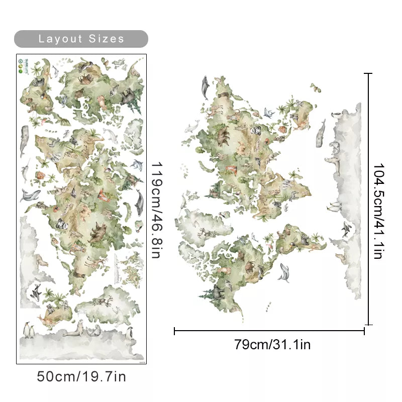 Wildlife Of The World Watercolor Map Wall Sticker For Kid's Playroom Removable PVC Wall Decal Mural For Creative DIY Children's Room Decoration