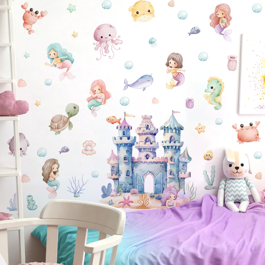 Underwater Fantasy Wall Decals – Colorful Watercolor Cartoon Castle & Mermaids Wall Stickers For Baby's Nursery & Toddler's Bedroom Decor