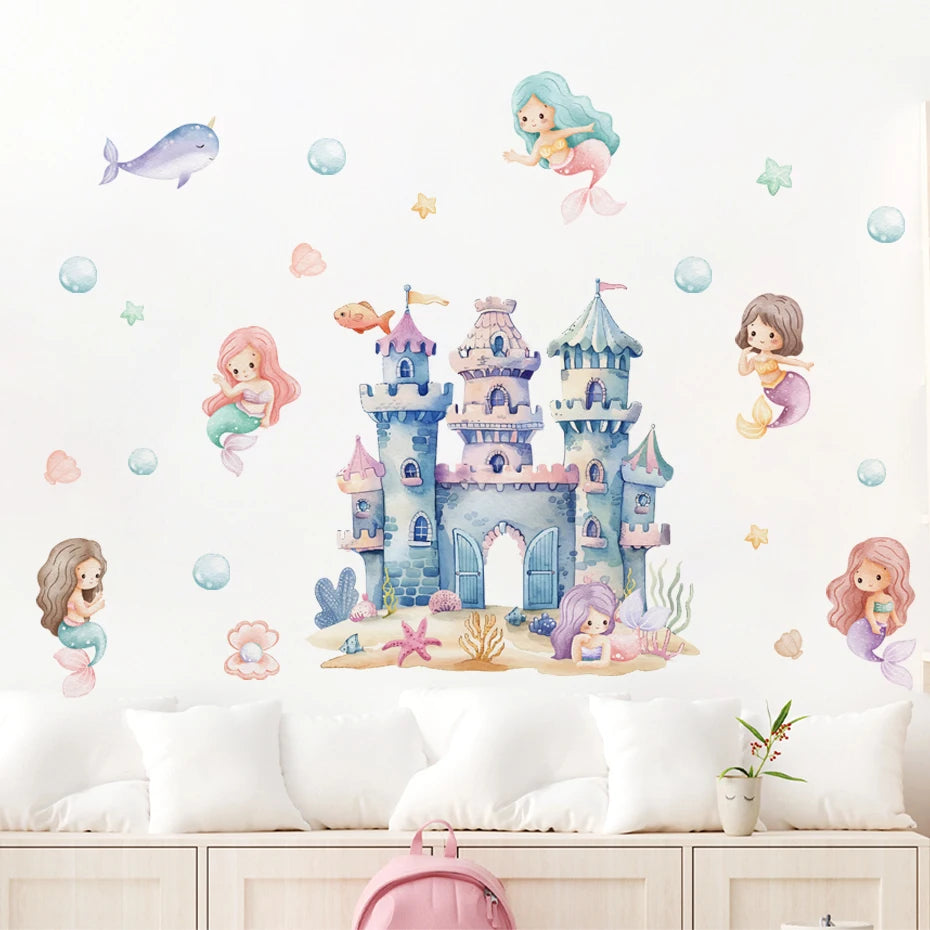 Underwater Fantasy Wall Decals – Colorful Watercolor Cartoon Castle & Mermaids Wall Stickers For Baby's Nursery & Toddler's Bedroom Decor