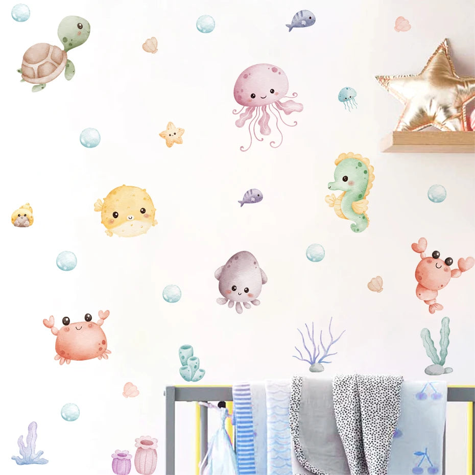 Underwater Fantasy Wall Decals – Colorful Watercolor Cartoon Castle & Mermaids Wall Stickers For Baby's Nursery & Toddler's Bedroom Decor