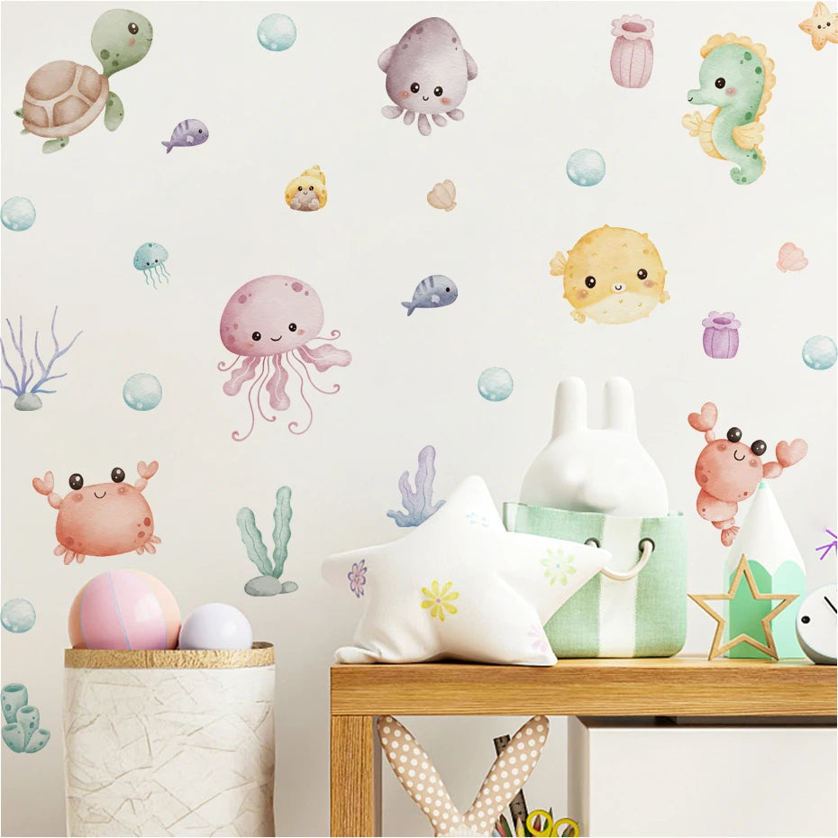Underwater Fantasy Wall Decals – Colorful Watercolor Cartoon Castle & Mermaids Wall Stickers For Baby's Nursery & Toddler's Bedroom Decor