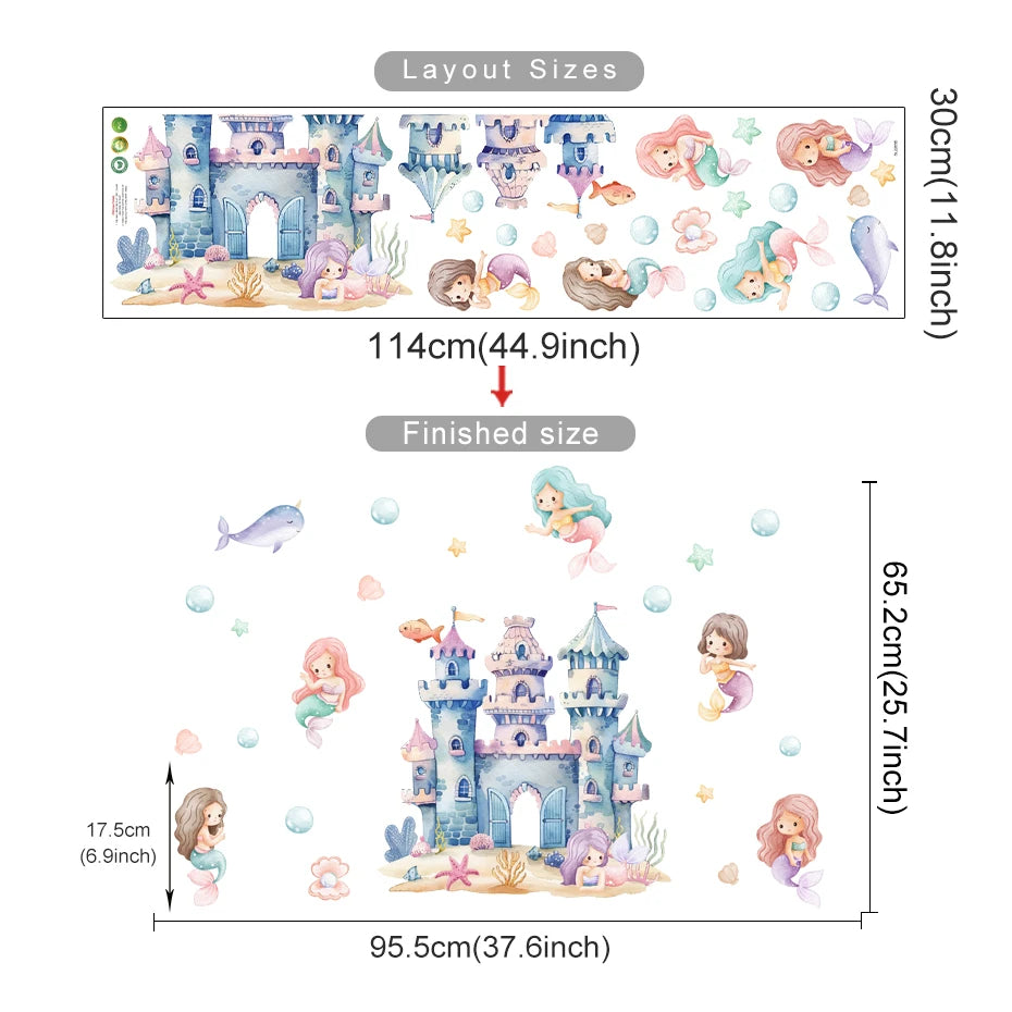 Underwater Fantasy Wall Decals – Colorful Watercolor Cartoon Castle & Mermaids Wall Stickers For Baby's Nursery & Toddler's Bedroom Decor
