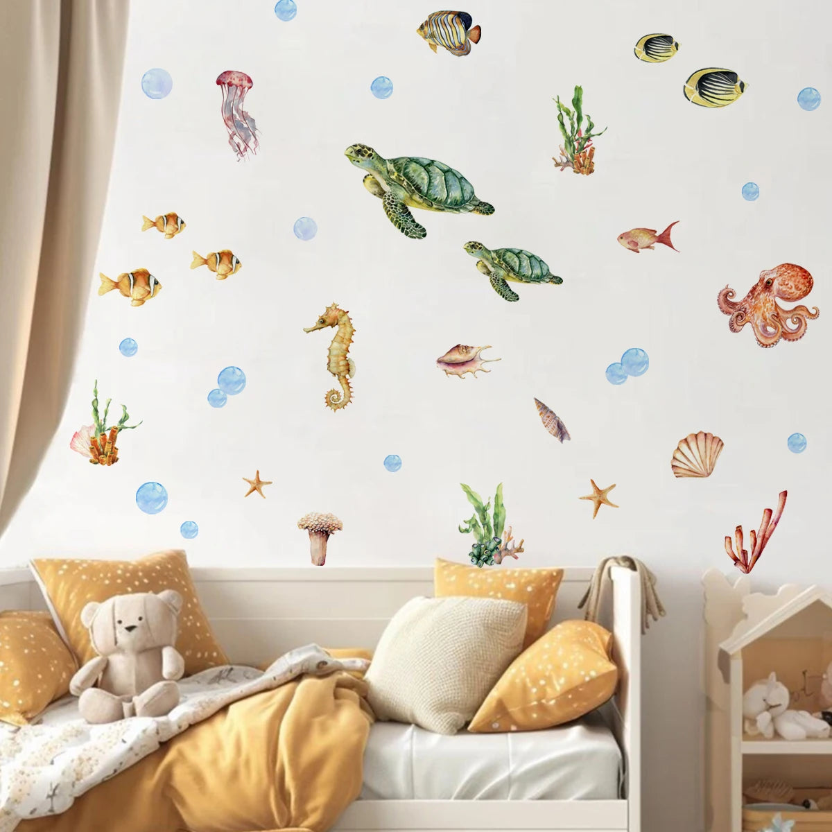 Underwater Sea Life Wall Decals – Turtle, Seahorse & Octopus Wall Stickers for Kids Room & Nursery, Creative DIY Home Decor