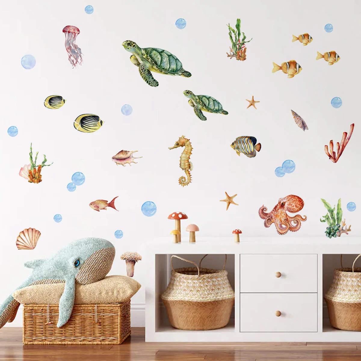 Underwater Sea Life Wall Decals – Turtle, Seahorse & Octopus Wall Stickers for Kids Room & Nursery, Creative DIY Home Decor