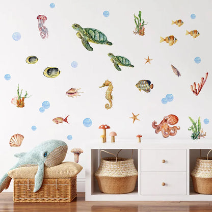Underwater Sea Life Wall Decals – Turtle, Seahorse & Octopus Wall Stickers for Kids Room & Nursery, Creative DIY Home Decor