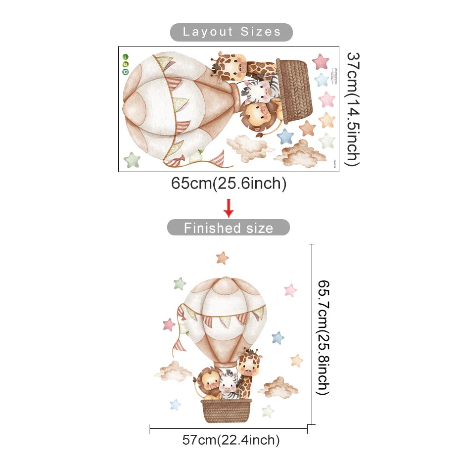 Measurement chart for a decorative wall sticker with layout sizes and finished dimensions.