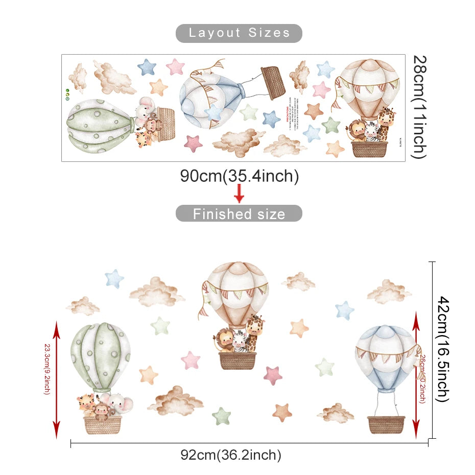 Measurement chart for decorative wall stickers with hot air balloons and teddy bears.