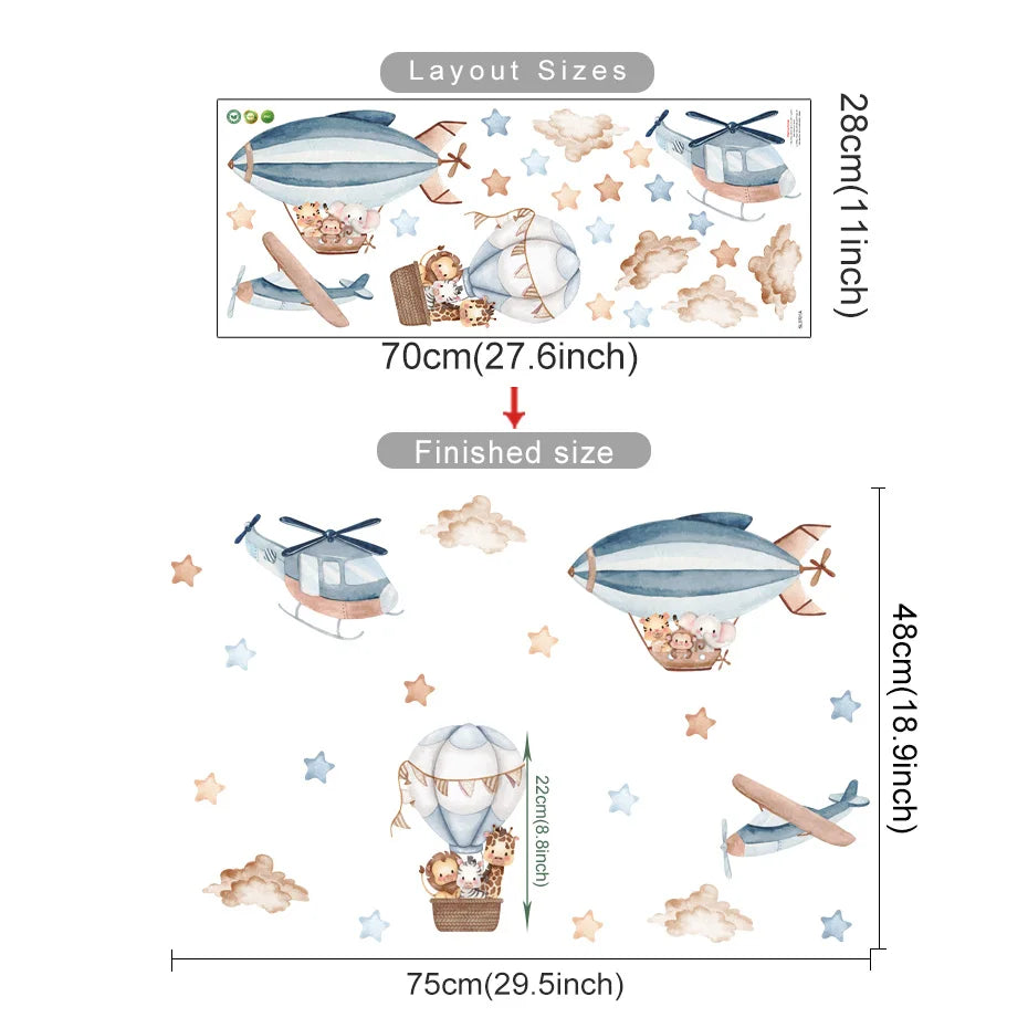 Wall decal set with layout sizes and finished dimensions on a white background