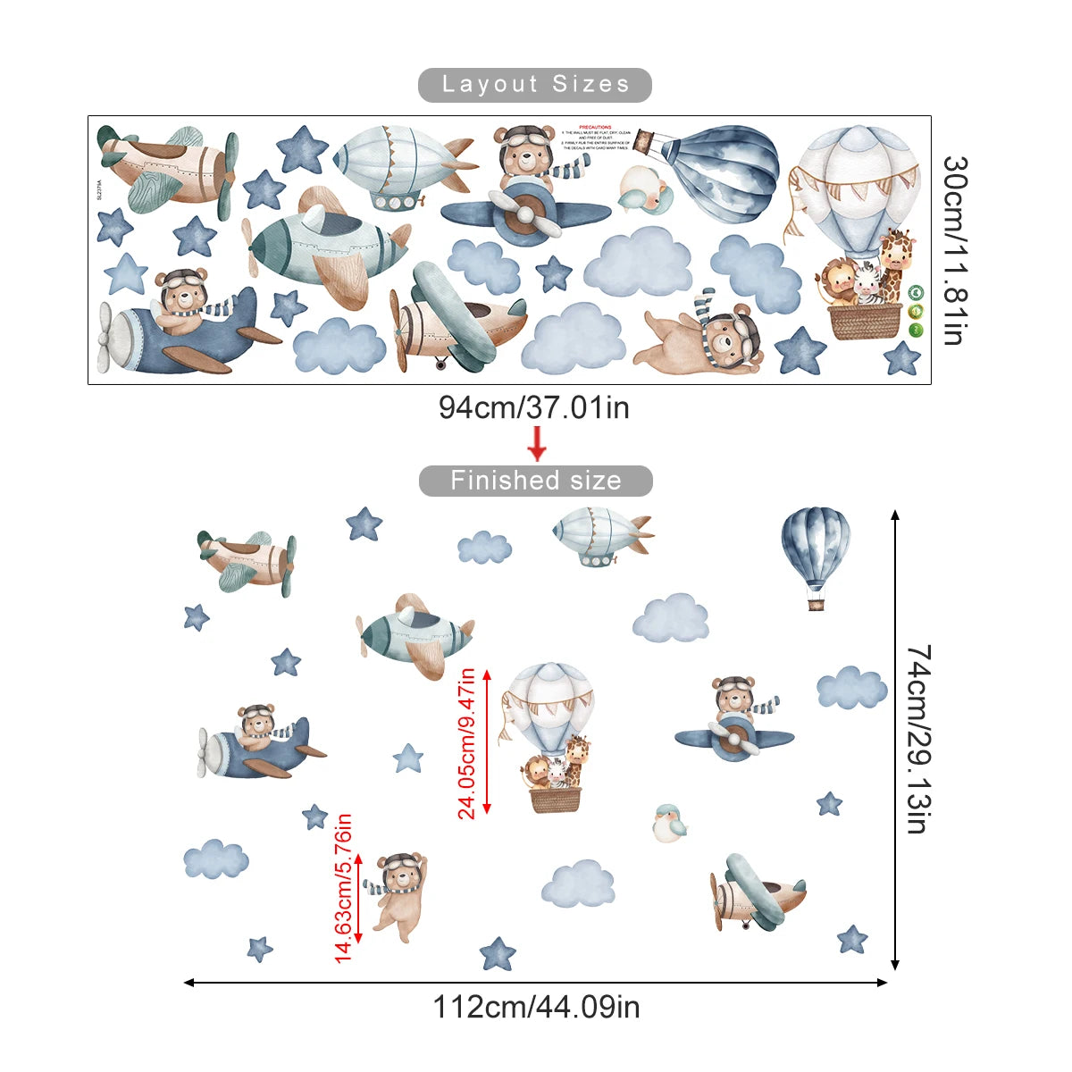 Wall decal set with cartoon characters and objects, including airplanes and balloons, with dimensions displayed.