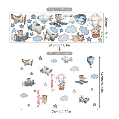 Wall decal set with cartoon characters and objects, including airplanes and balloons, with dimensions displayed.