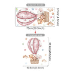 Wall decal of a pink hot air balloon with teddy bears, showing layout and finished size measurements.