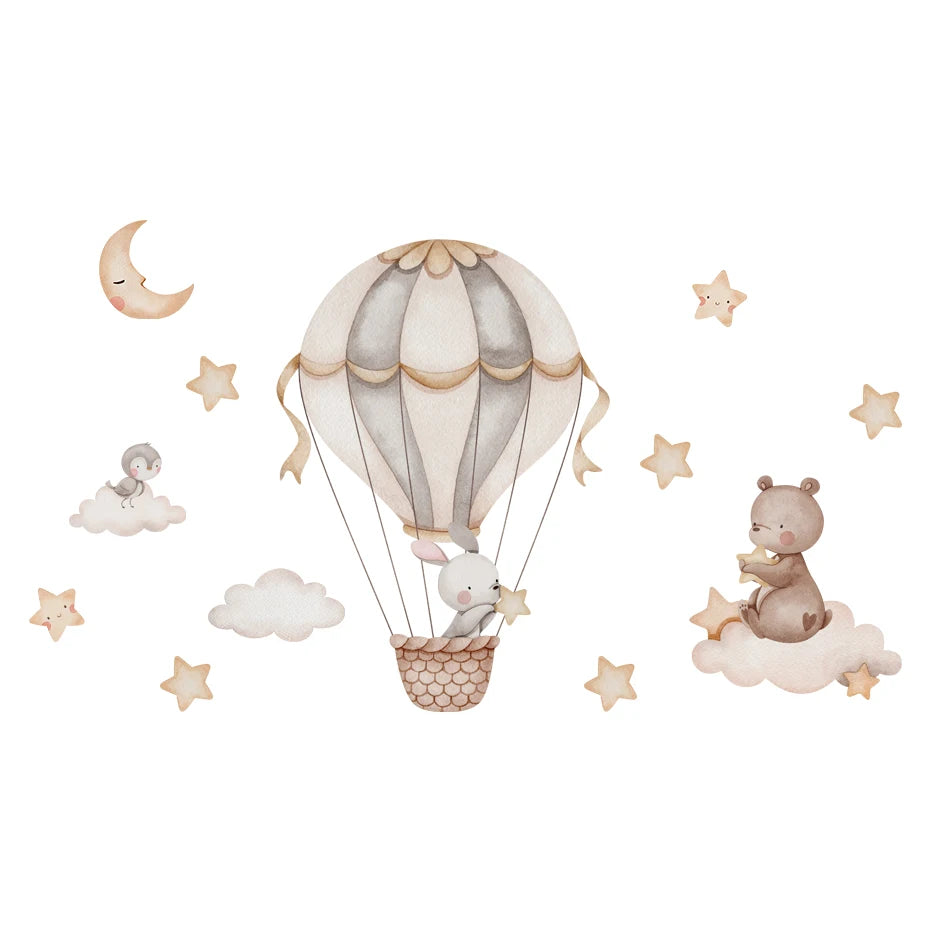 Children's wall decal with a hot air balloon, rabbit, bear, and stars on a white background