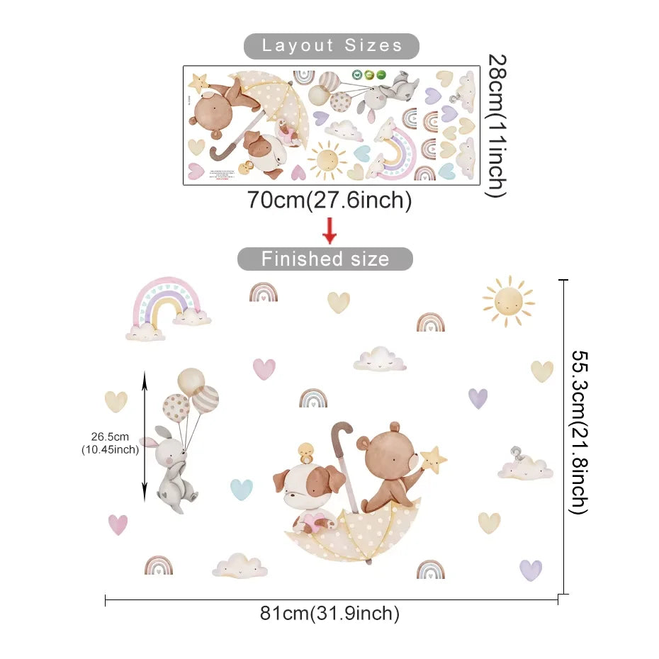 Measurement chart of wall stickers with layout and finished size details.