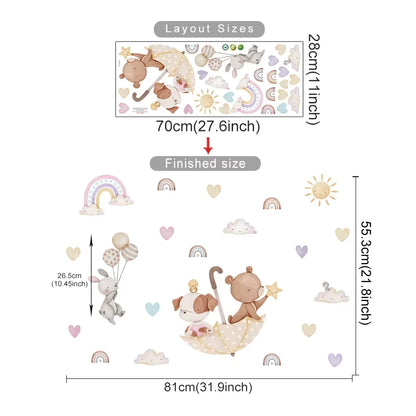 Measurement chart of wall stickers with layout and finished size details.