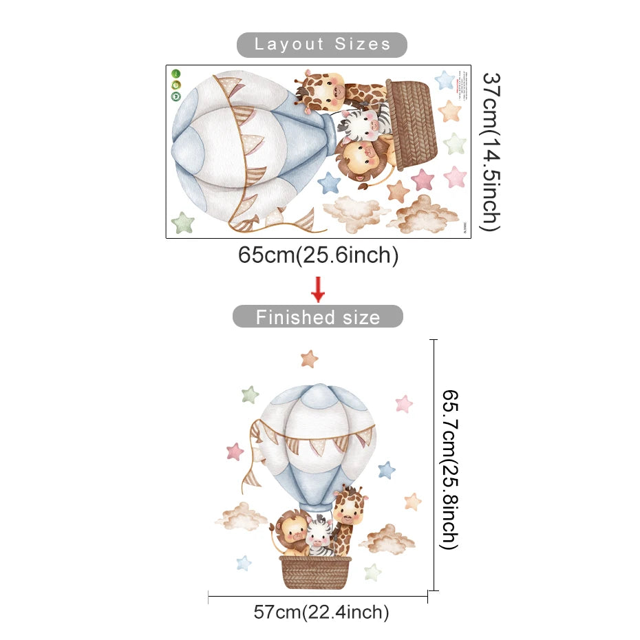 Measurement chart for a wall decal with hot air balloon and animals, showing layout and finished sizes.