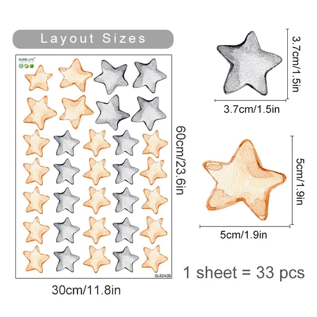 Sheet of star-shaped stickers with layout sizes and dimensions on a white background