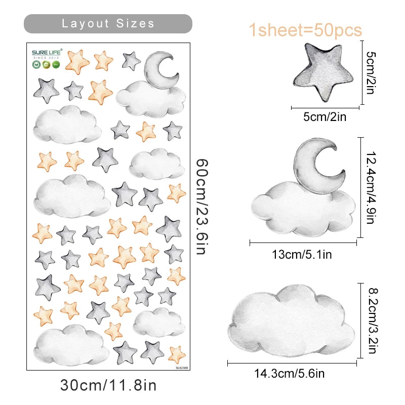 Sheet of decorative stickers with stars, clouds, and moons, including measurements and layout sizes.