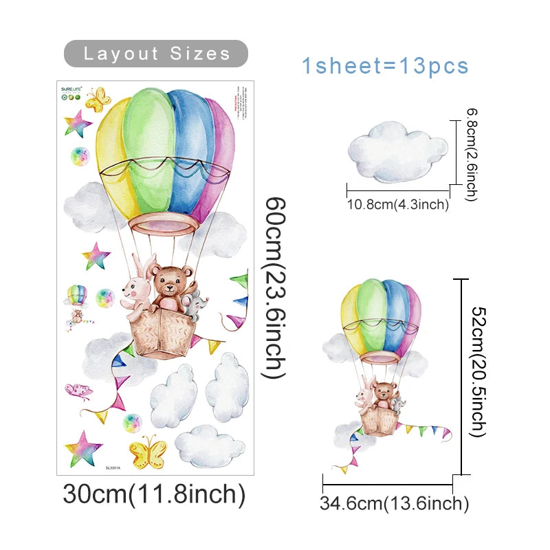 Wall stickers with colorful hot air balloons and bears, including layout sizes and dimensions.