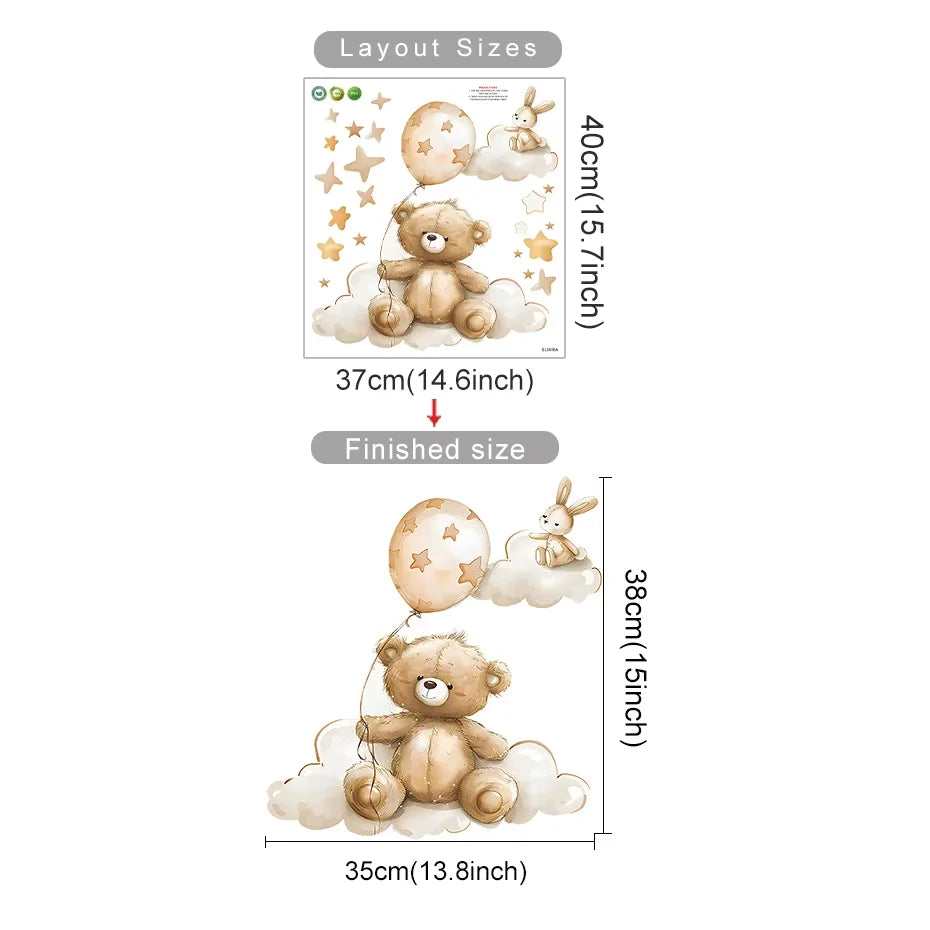 Wall stickers with teddy bear and rabbit design, showing layout sizes on a white background.